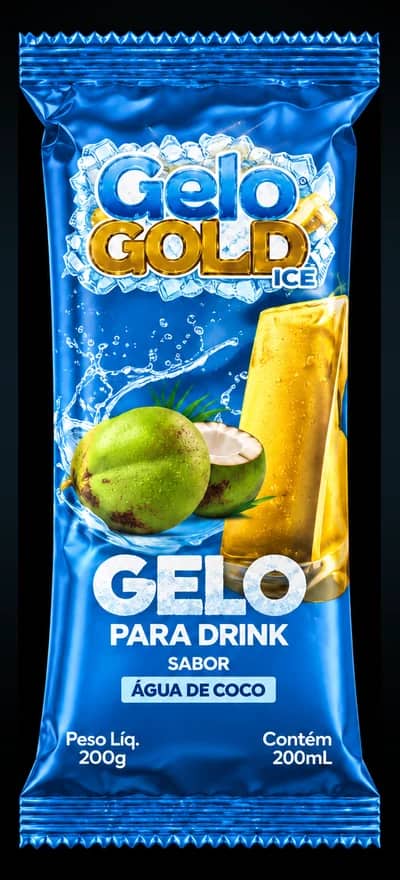 Embalagem azul de gelo para drink sabor água de coco, com cocos na frente.