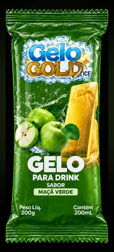 Embalagem verde de gelo para drink sabor maçã verde, com maçãs verdes na frente.